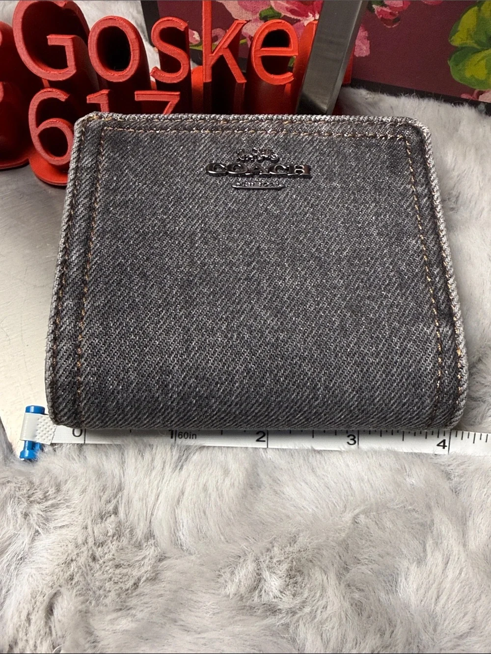 Coach Gray Denim Zip-Around Wallet with Black Trim